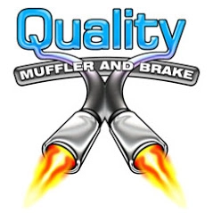 Quality Muffler and Brake logo with flames against white background